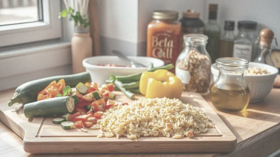 Jakie są składniki przepisu na makaron orzo z warzywami?